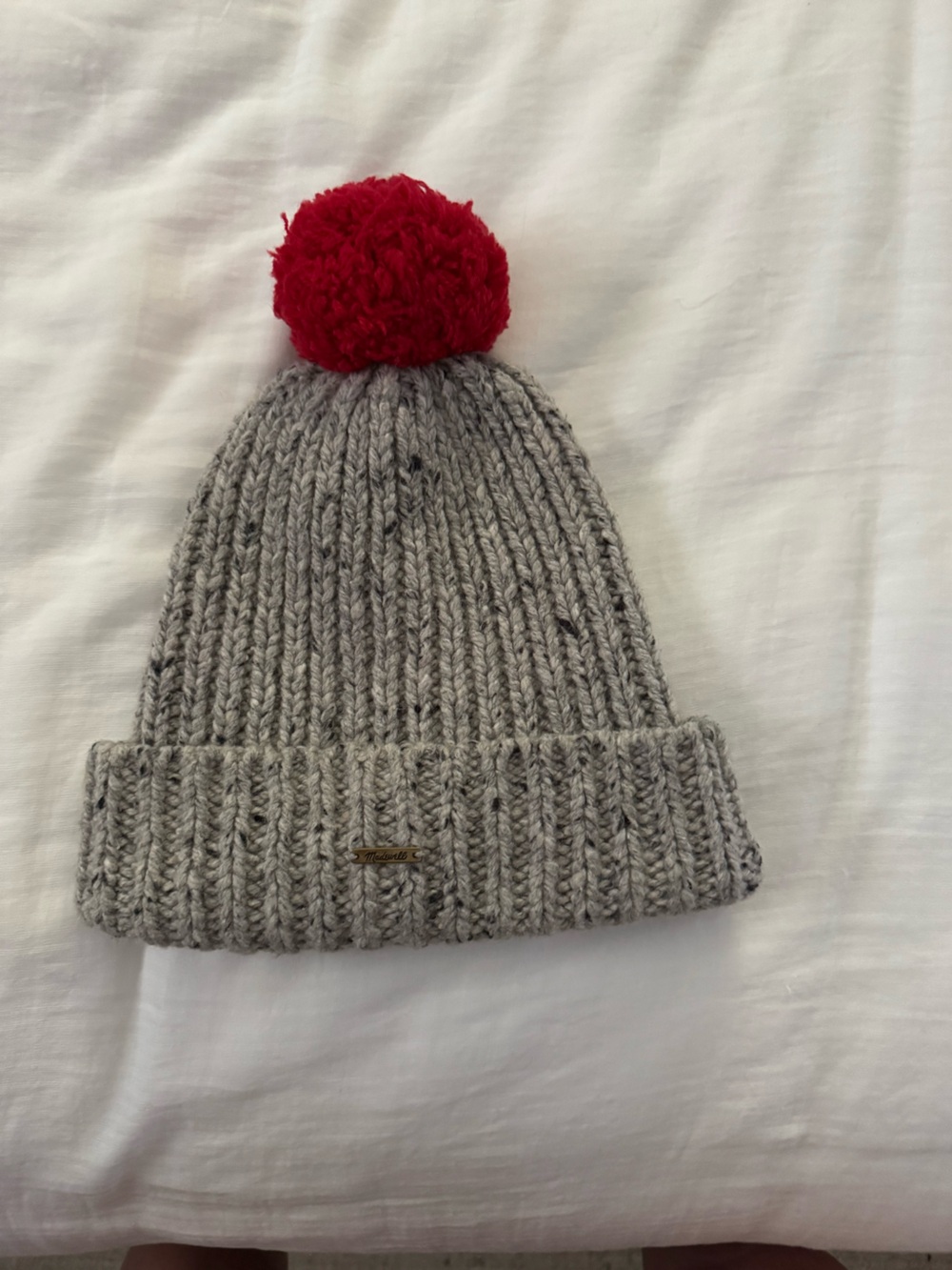 Madewell Gray Knit Pom Beanie with Red Pom